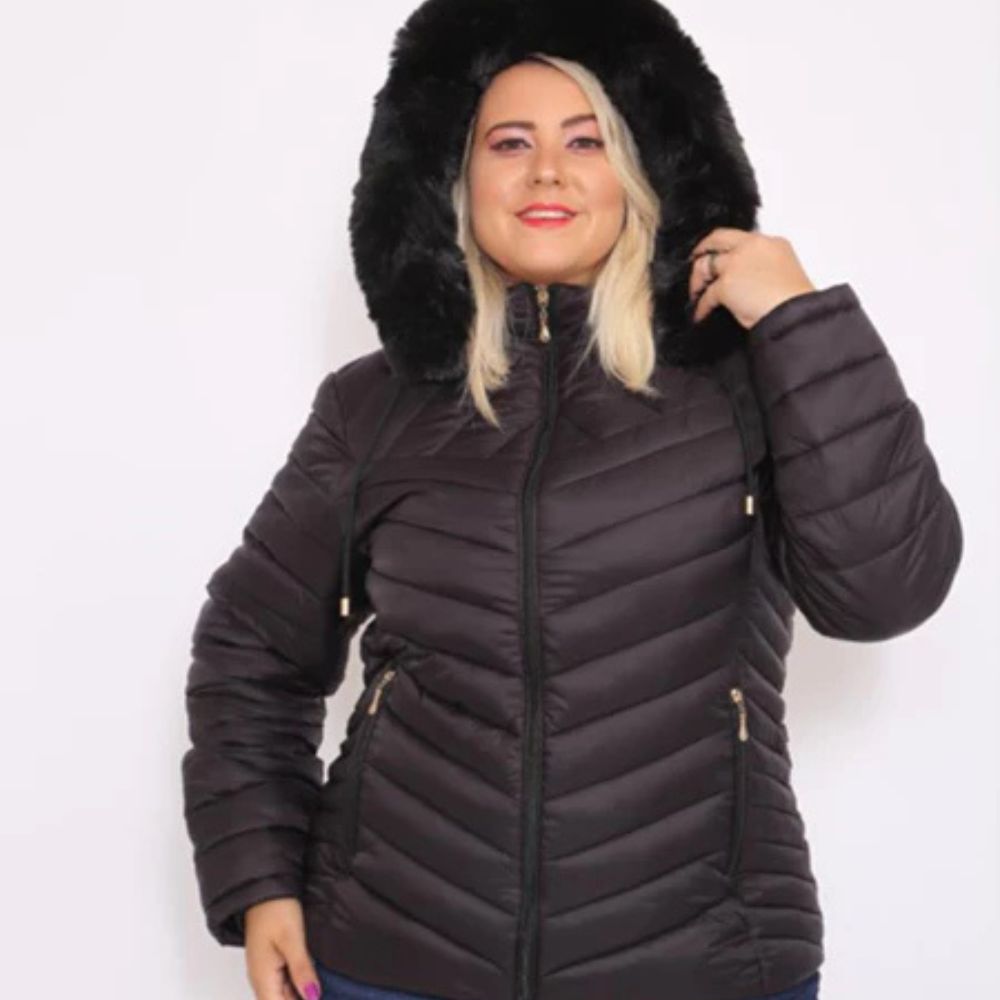 Jaqueta Feminina Puffer com Capuz e Forro de Pelúcia Térmico