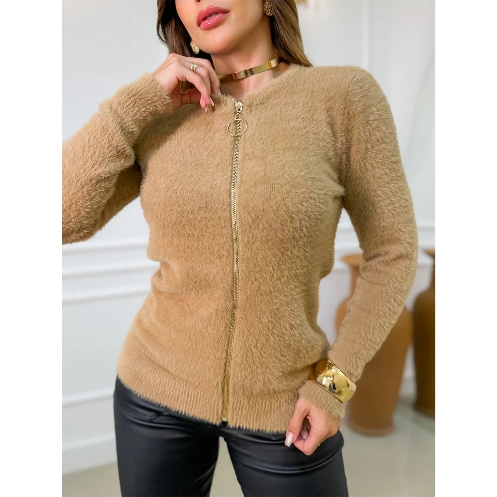 Suéter Feminino Inverno Peluciado com Fechamento em Zíper
